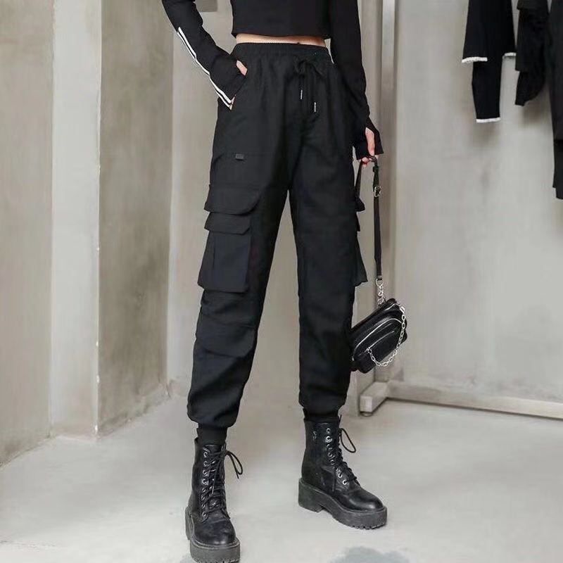 Black Pockets High Elastic Waist Long Harem Trousers Loose Fit Pants Women Fashion Tide Spring Autumn Plus Size