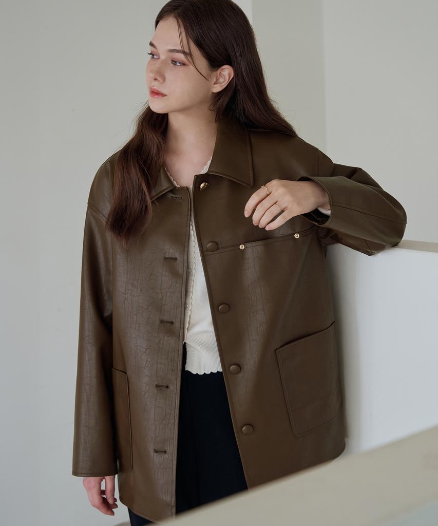 Drawfit Women Button Leather Half Jacket [Brown]