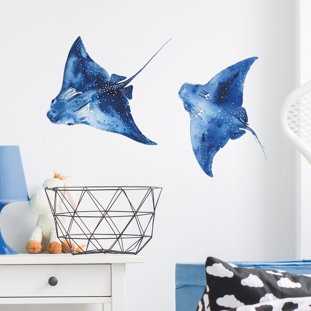 Cartoon Underwater Manta Ray Wall Sticker Self-Adhesive for Bedroom Bathroom Home Background Wall Decoration