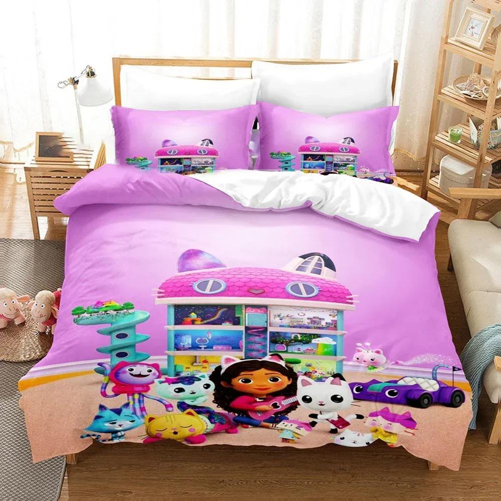 3D-gedrucktes Gabby's Dollhouse Bettwäsche-Set Cartoon Bettbezug Doppel Einzel Voll Queen King Erwachsene Kinder Bettzeug Steppdeckenbezug