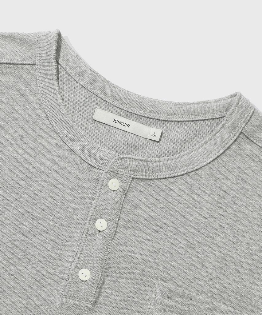 KIIMUIR [Crop] Heavy Cotton Roll-Up Henley Neck Short Sleeve T-Shirt_Melange Gray