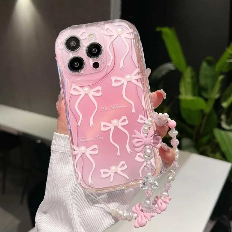 Cute Pink Bow Love Chian Strap 3D Wave Case For Infinix Note 50 Pro 30 40 GT 30 Pro Hot 50 Pro 40i 30 Play Smart 9 8 Cover Silic