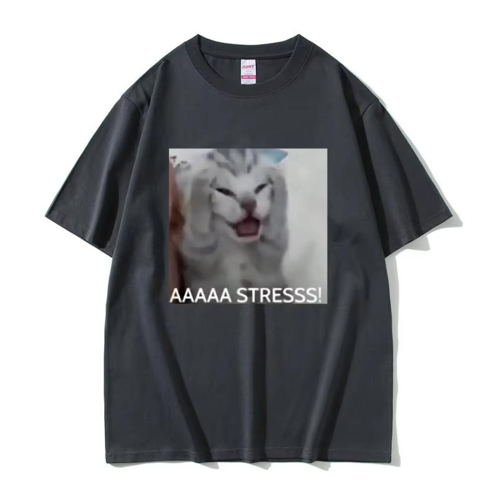 Cute Funny Stressed Cat Meme Tshirt Summer Unisexs Women Casual Loose Oversized Tshirts Male Cotton Short Sleeve Printed T Shirts