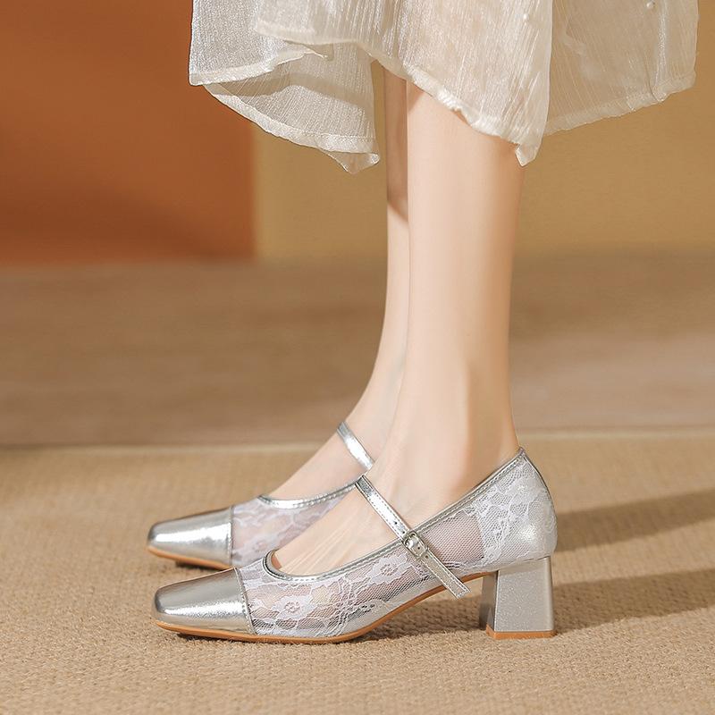 Silberne Schafsleder Einzelne Schuhe Damen Sommer Mesh Atmungsaktiv Neu Chinesisch Dicke Ferse Leichte Öffnung Mary Jane Damen Schuhe