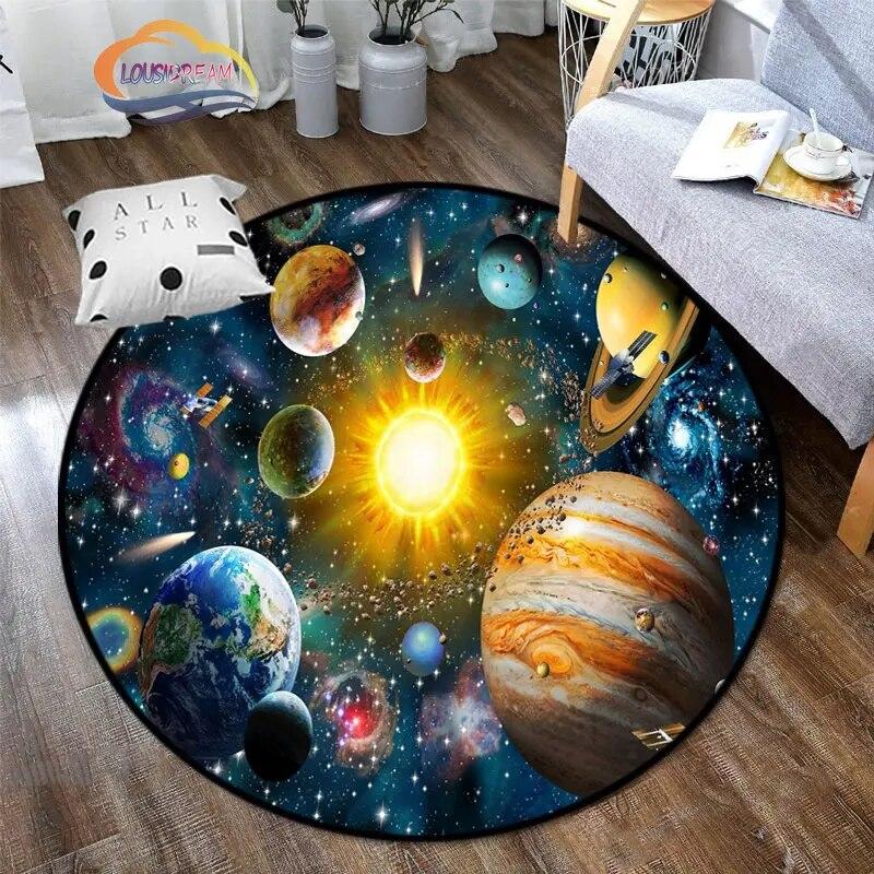 Space Universe Vector Ufo and Many Planets In Galaxy Round Bedroom Floor Mat Cosmos Solar System Pattern Decoration Carpets