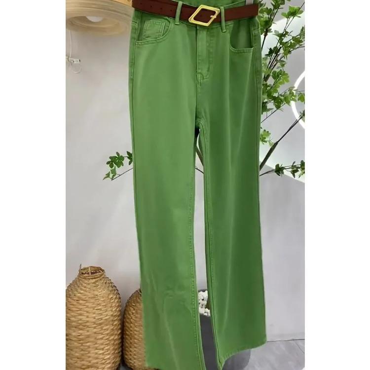 Eleganta vida gröna jeans i plusstorlek för kvinnor, lösa högmidjade gröna byxor