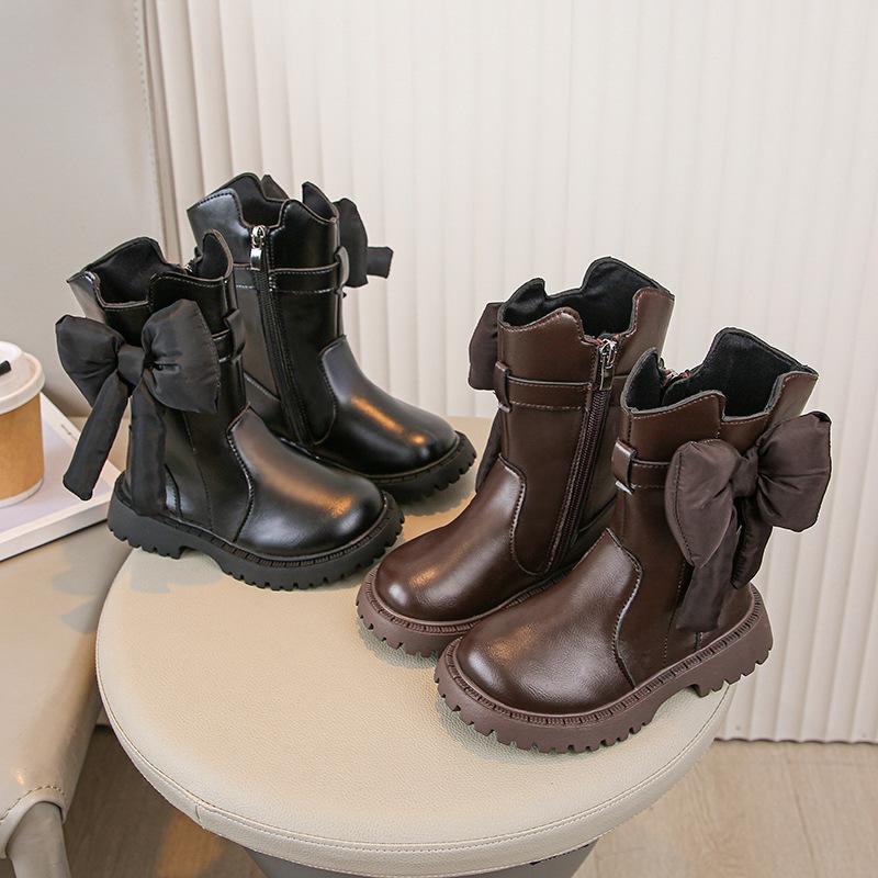 Girls Medium Boots Autumn and Winter New Princess Style Bow Leather Boots Korean Version Soft-soled Foreign Gas Boots