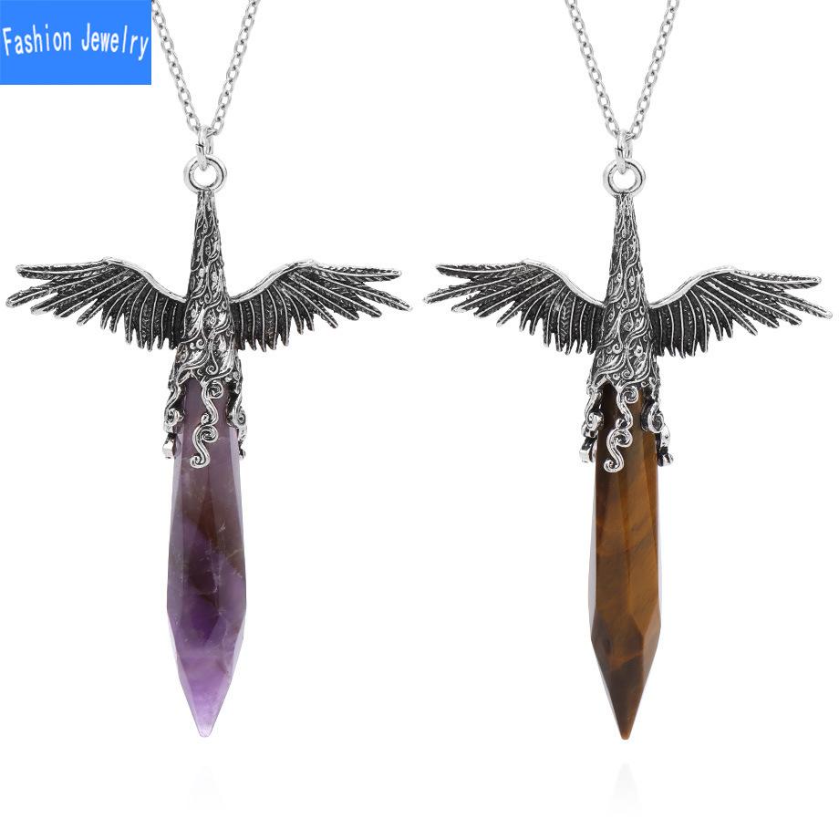 European and American Fashion Angel Wings Natural Crystal Stone Faceted Hexagonal Column Pendant Necklace Necklace