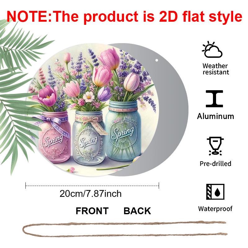 2D Flat 1pc Spring Pastoral Vase Aluminum Sign Round Decorative Hanging Ornament, Home Kitchen Garden Balcony Fence Decor, Gardening Studio Decor