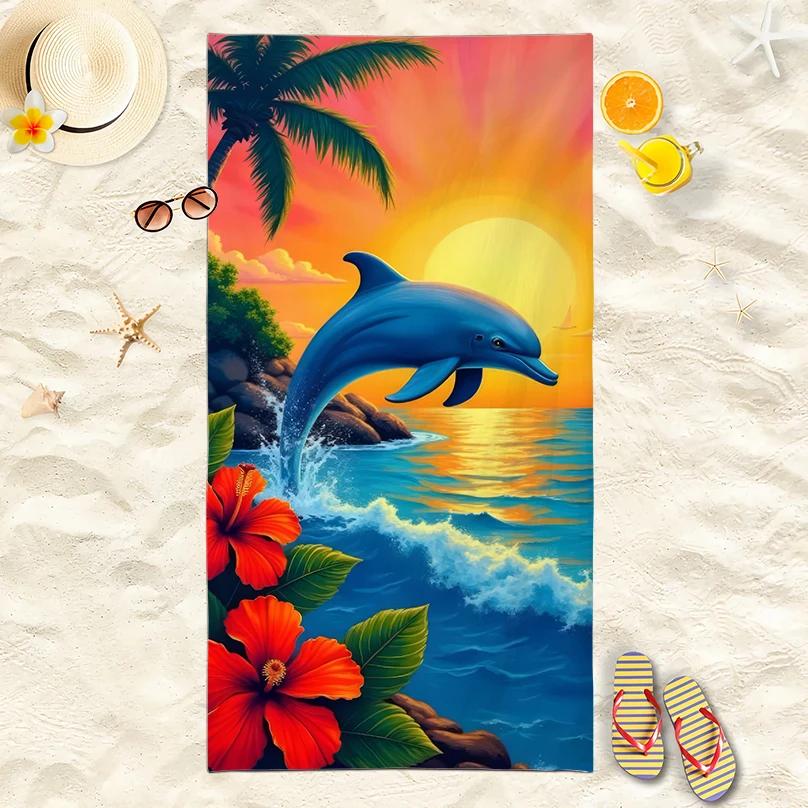 Serviette de plage motif dauphin, Impression numérique fine séchage rapide anti-sable microfibre légère pour natation yoga voyage salle de sport cadeau