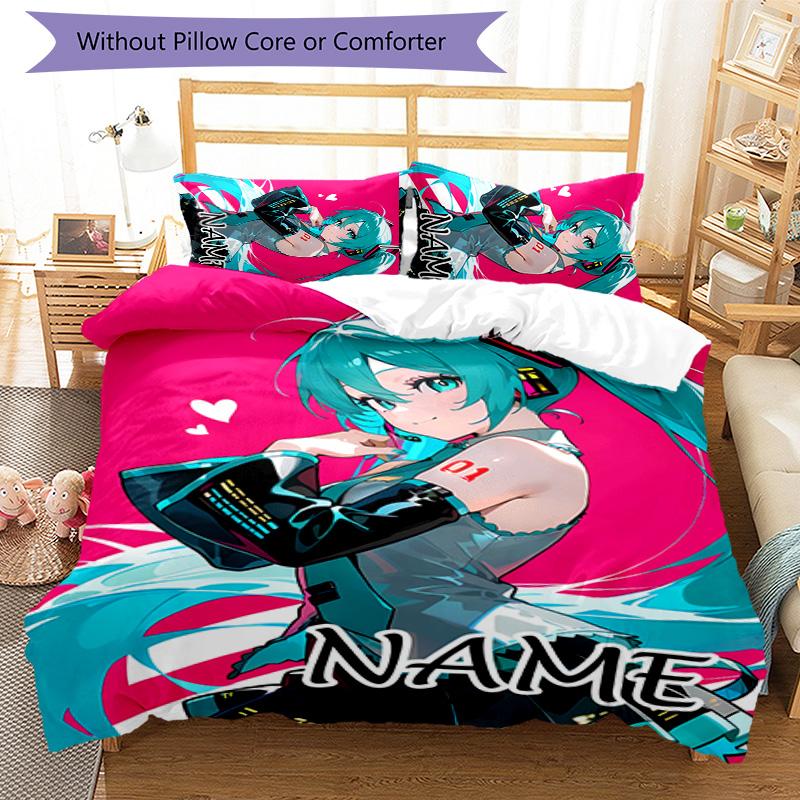 3pcs Hatsune Miku Cover Set - Personalized Name, HD Printed Bedding with 1 Cover and 2 Pillowcases - Perfect for Home Decor, Easy Care