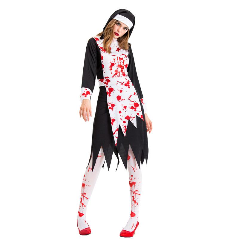 Straszny Kostium Zakonnicy Poplamionej Krwią, Kostium Ducha na Halloween, Kostium Zombie Ducha Zakonnicy Poplamionej Krwią, Mundur do Gry