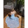 Resort Blue Beach Skirt, Summer Mesh Spliced Camisole Dress, Gentle Temperament, Show the Figure, Waist and Hips