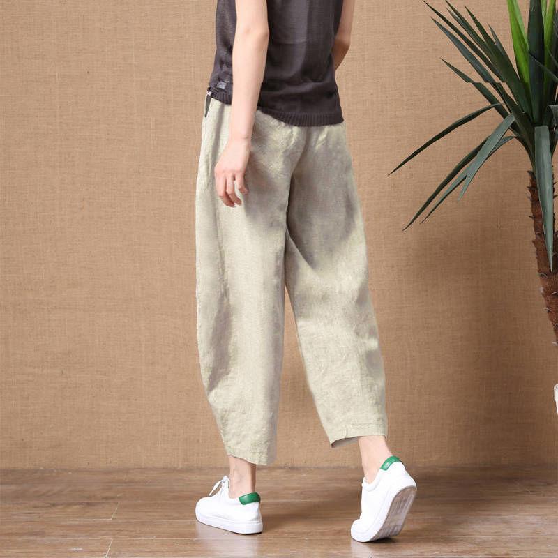 Cotton Wide Leg Pants Female Loose Oversized Solid Color Harem Summer Casual Elastic Waist Ankle Length Pants Women Clothing