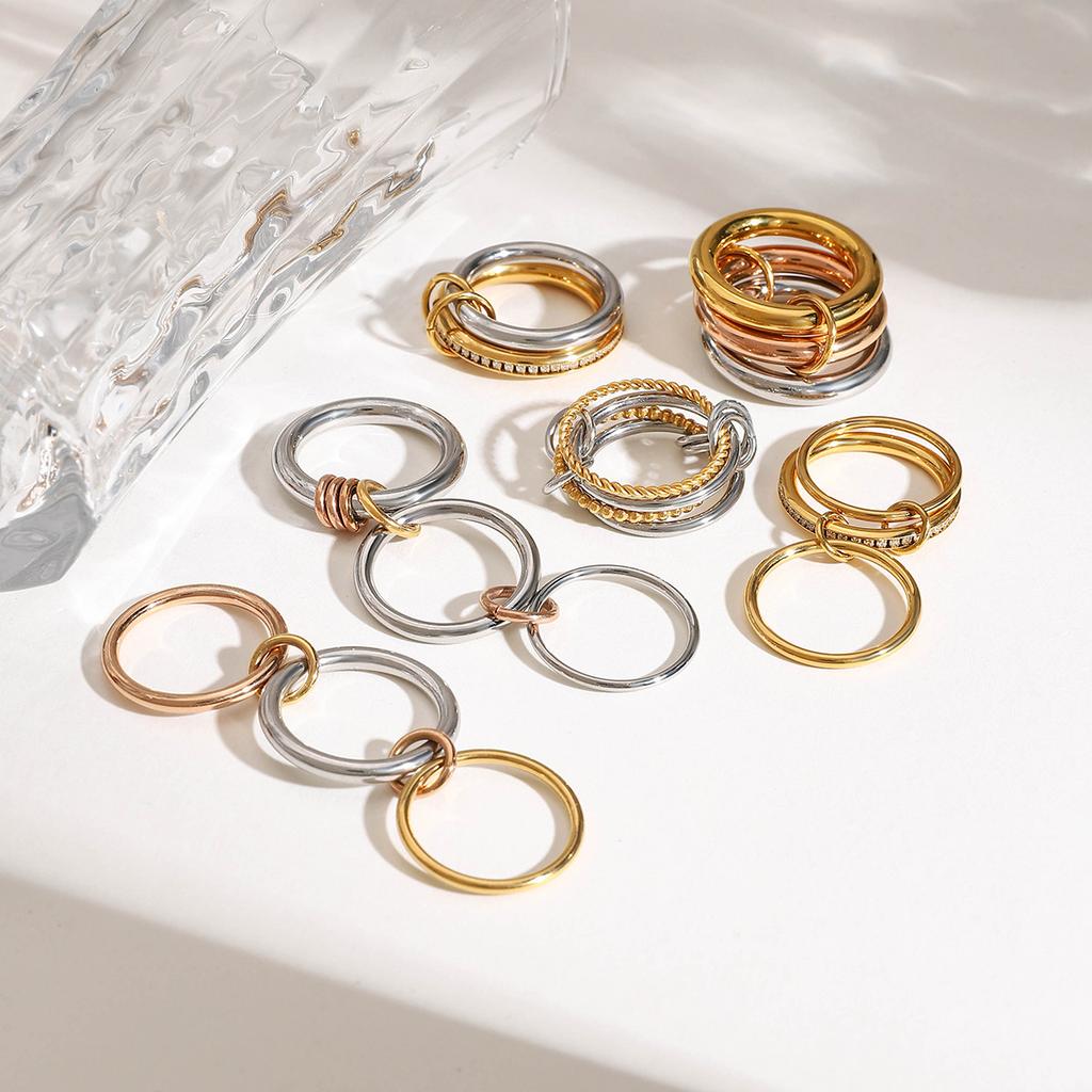 Multilayer Everly Stacked Ring Chunky Gold Plated Interlocking Zircon Multi Link Connected Rings Eternity Statement Jewelry Gift