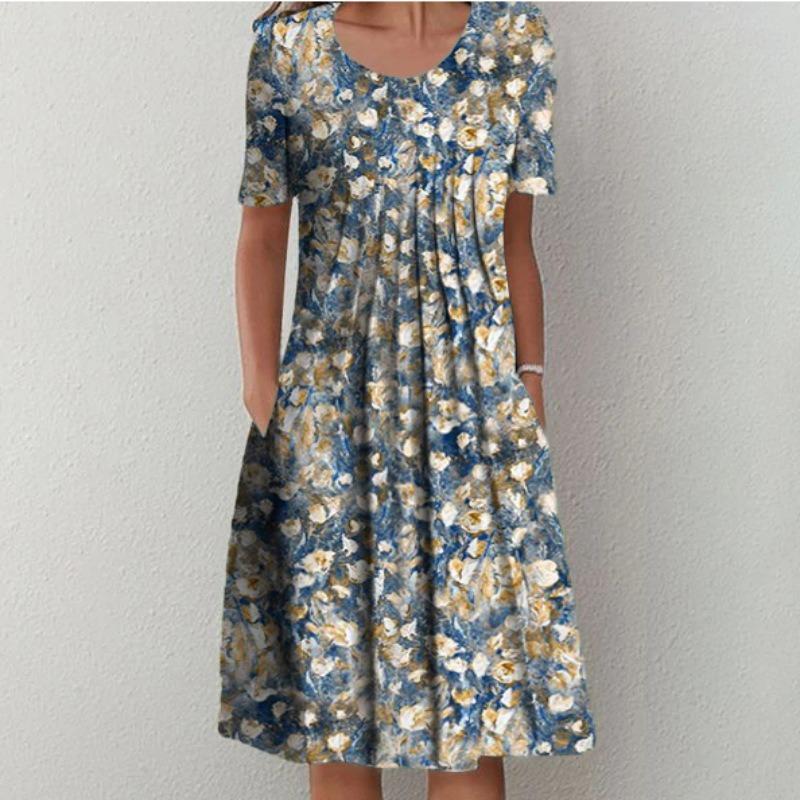 Frühlings- und Sommer-Freizeitkleider mit Druck für Damen in Übergröße Rundhals Kurzarm Locker Langes Kleid Damen Elegant Vintage Slim A-Linie Blumenkleid 26355