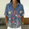 Women's Vintage Floral Print Short Sleeve T Shirt Loose Fit Button Down Polo Collar Linen Blend Casual Top