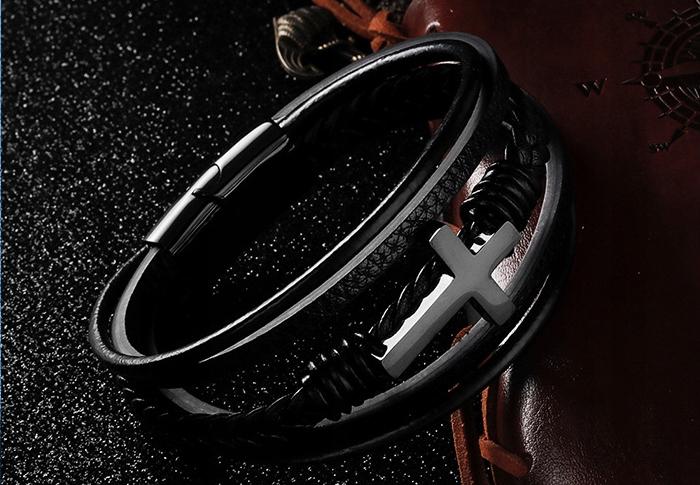 Men's Black Leather Bracelet with Braided Gold Cross Surgical Steel