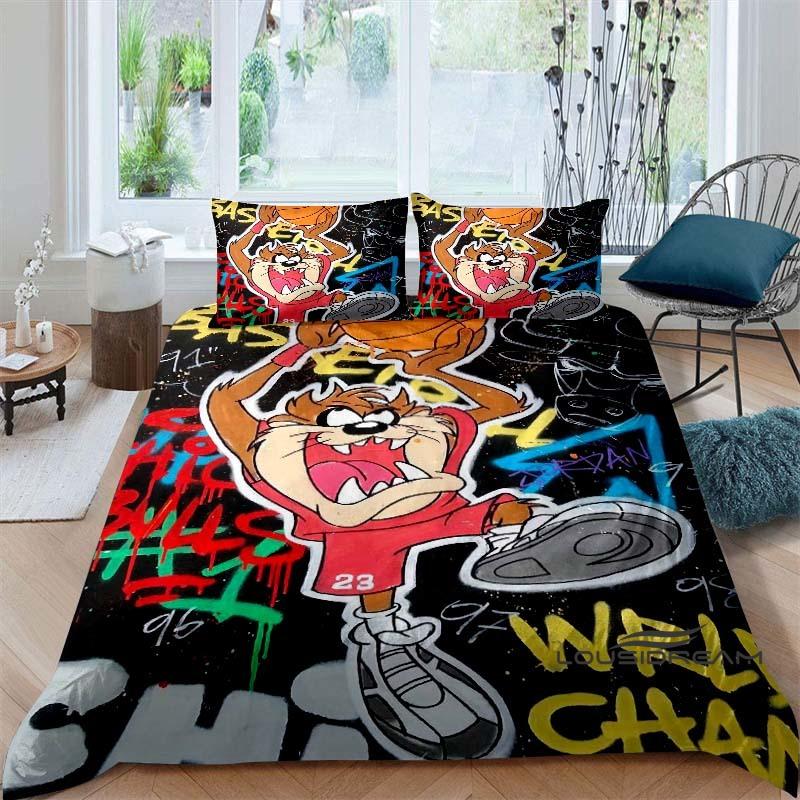 Cartoon T-Tasmanian Devil bedding set, printed single duvet cover and pillowcase three-piece set, children's and adult sizes.002