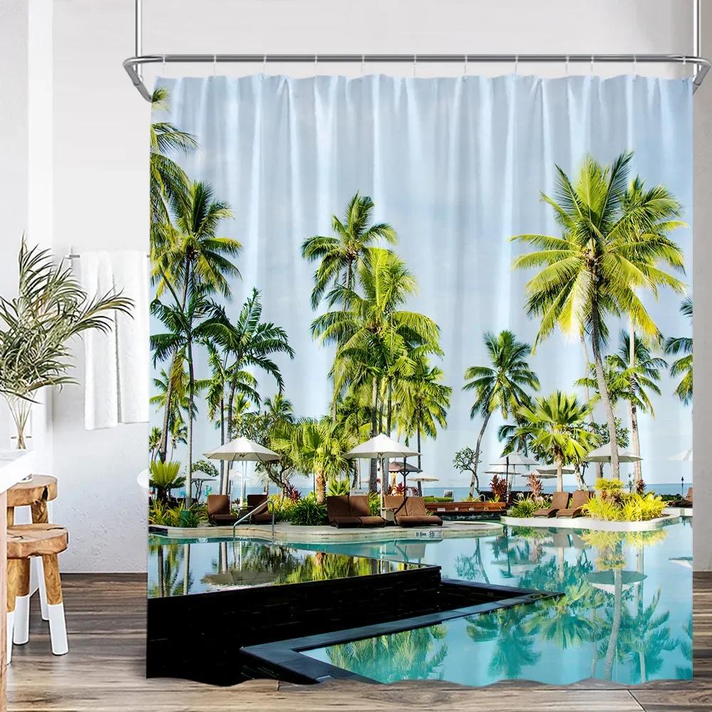 Beach Shower Curtain Seaside Landscape Coconut Tree Sea Summer Vacation Bathroom Decor Holiday Polyester Bath Curtain With Hook