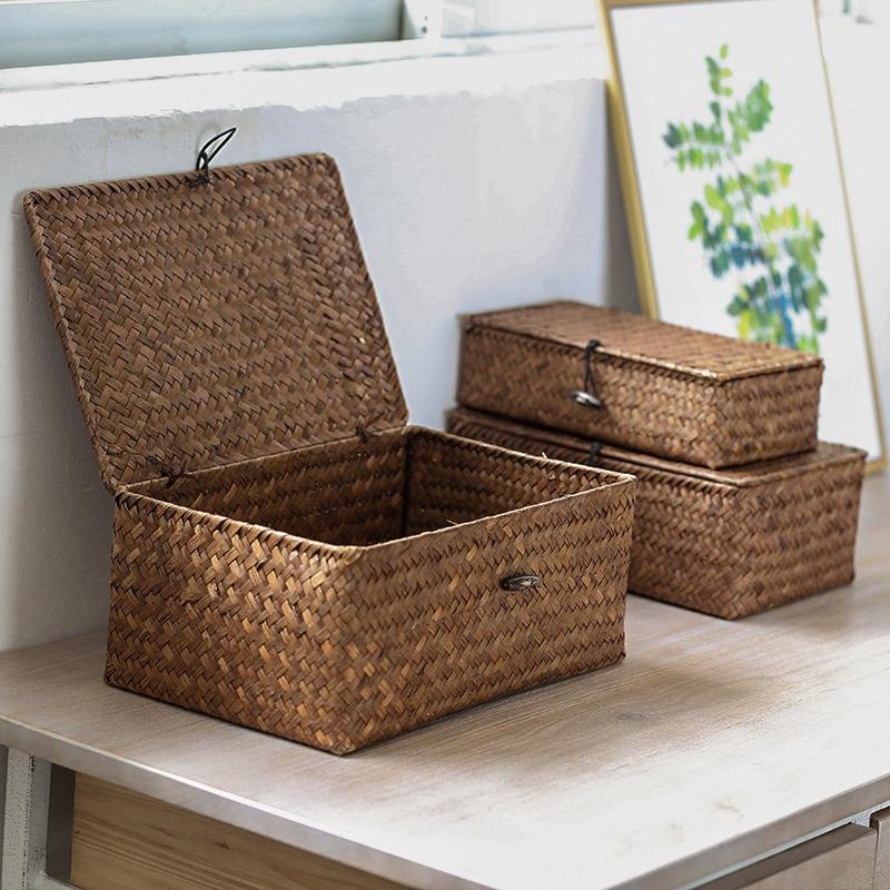 Woven Storage Basket with Lid Household Seaweed Storage Baskets Desktop Dustproof Sundries Toy Boxes Organizer Home Decoration