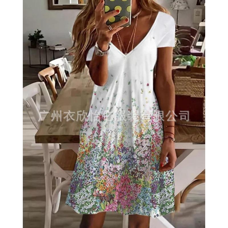 IHUASU Fashion Summer Spring  Short Sleeve V-Neck Casual Dresses