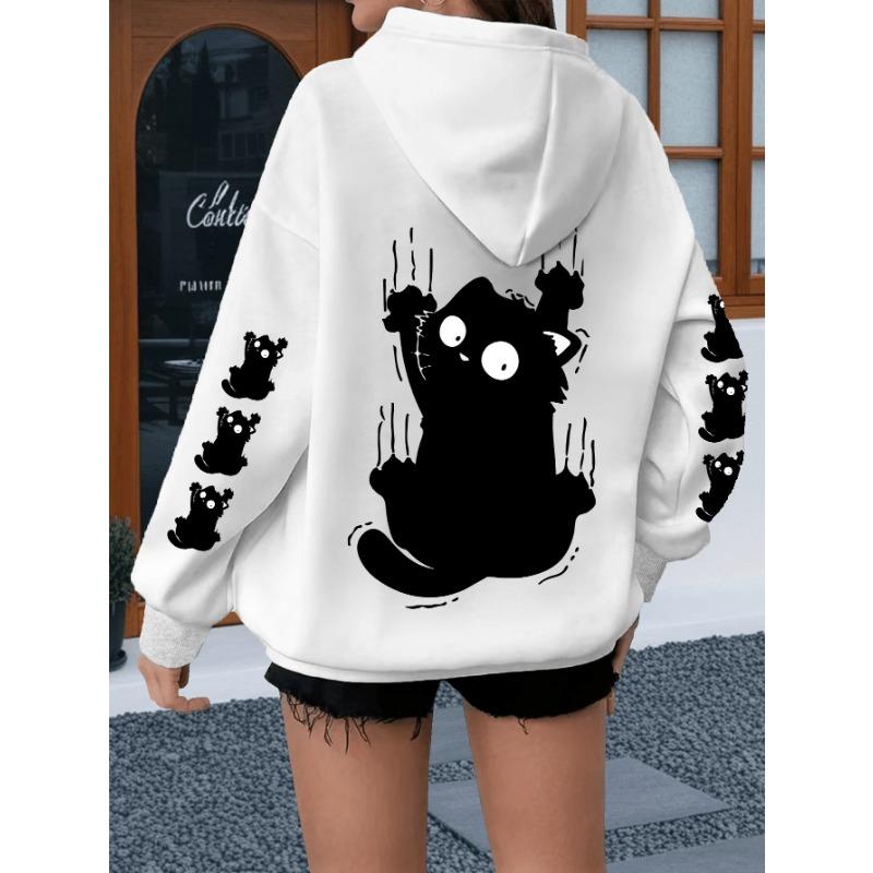 Scared little black cat minimalist black and white print hoodie for large size women's sweatshirt winter clothes women