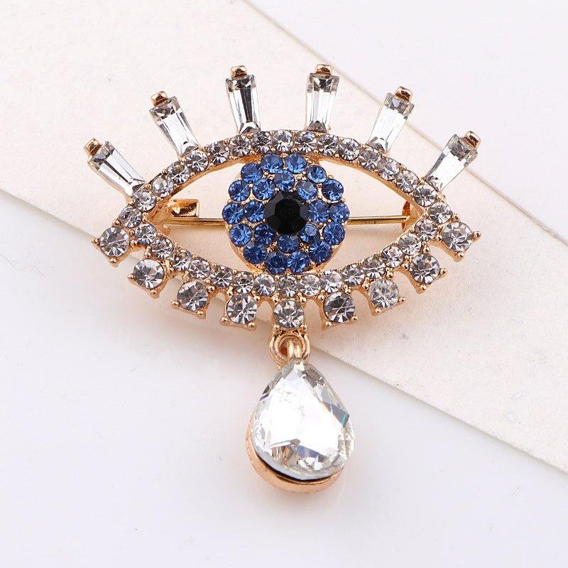 Korean Sapphire Crystal Rhinestone Blue Eye Shape Brooches Women Alloy Eye Collar Pins Gifts Women Accessories