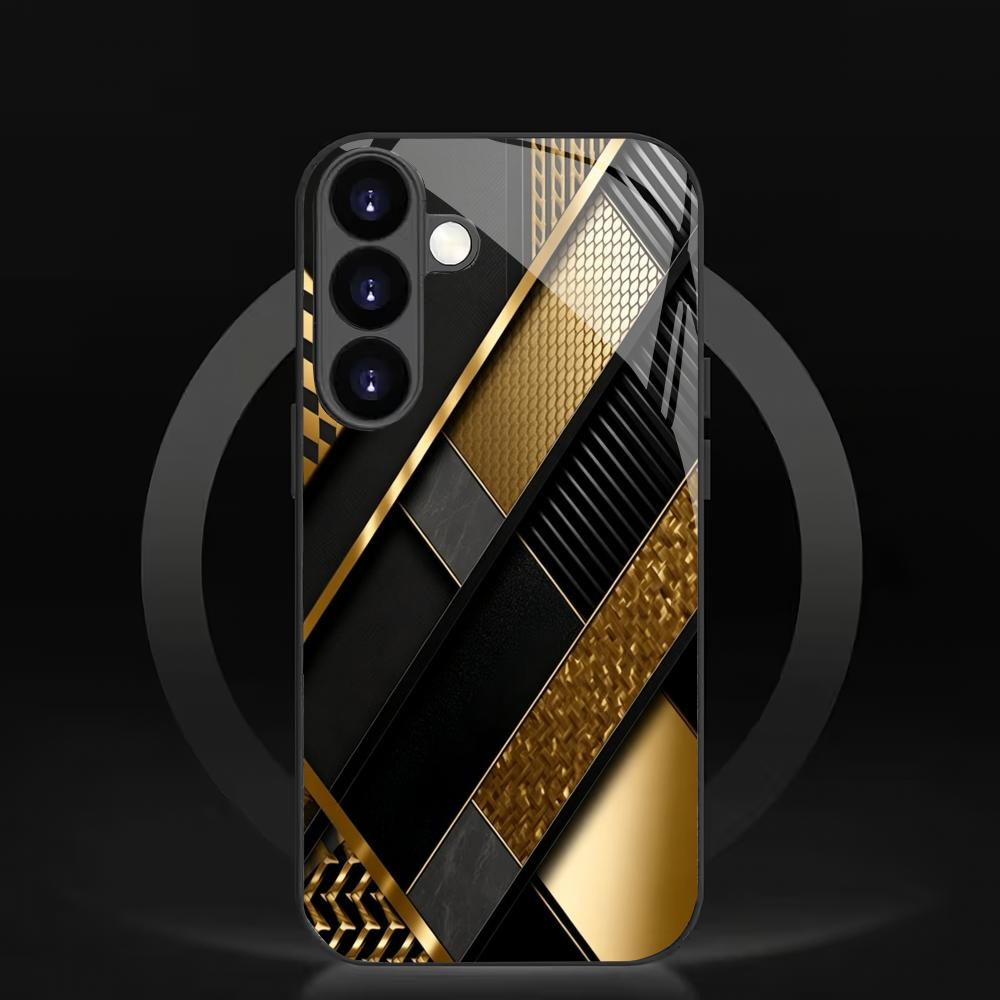 Gold Patterned Black Glass Phone Case Suitable for Samsung Galaxy S26 S25 S24 S23 S22 S20 FE/Ultra/Plus Anti Drop Back Cover