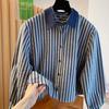 Vintage Hongkong-Stil Polokragen gestreiftes Hemd Damen Langarm 1116 neu locker kurz kleiner Kragen Oberteil Frühling
