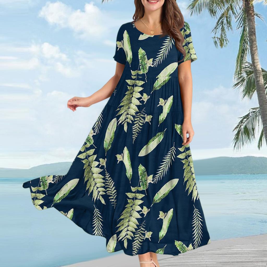 Women Casual Loose Bohemian Floral Dress Short Sleeve Long Maxi Summer Beach Swing Dress