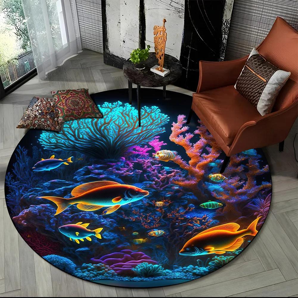 Monde sous-marin Fond marin Poissons Dauphin Dessin animé Tapis rond pour salon chambre enfants Décoration, Tapis de sol antidérapant pour zone animaux de compagnie