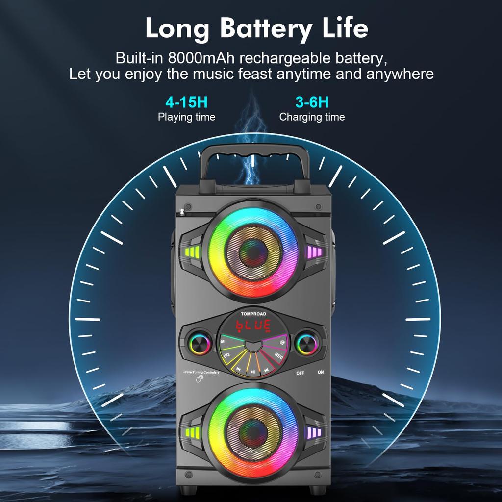 Prenosné Bluetooth reproduktory 60W Veľké Výkonné Bezdrôtové Hlasné Stereo Zvuk Basy Boombox Domáca Párty Reproduktor so Subwooferom, FM Rádio, LED Farebné Svetlá