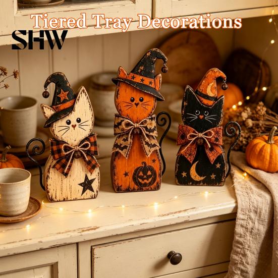 Rustic Autumn Table Decor 3Pcs Wooden Halloween Cat Tabletop Decor, Farmhouse Black Figurine Handmade Festive Crafts with Witch Hat, Fall Mantel