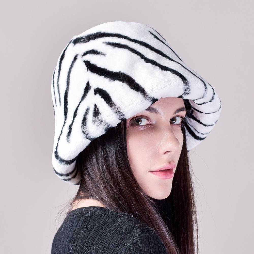 Rex Rabbit Hair Zebra Striped Bucket Hat Female Autumn and Winter Washbasin Hat Big Head Circumference Covering Face Fisherman Fur Hat