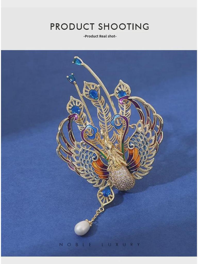 Luxury Enamel Phoenix Brooch with Birds and Pearl Tassel - High-End Suit Accessory for Women