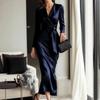 Women's Wrap Satin Silky Midi Dress Long Sleeve V-Neck Tie Waist Formal Dress Cocktail Party Wedding Guest Dress