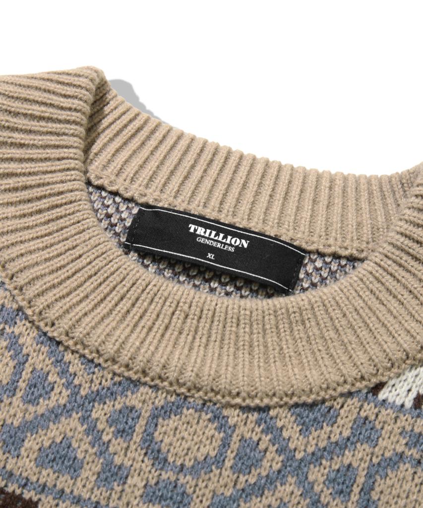 TRILLION Pull Jacquard Fair Isle Vintage à col rond_Beige