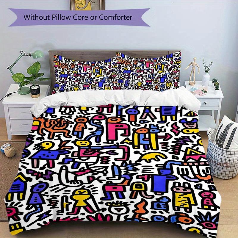 3Pcs Colorful Characters Printed Bedding Set, Breathable And Soft, Machine Washable, Christmas Gift, Suitable for Bedroom Decoration, 15157