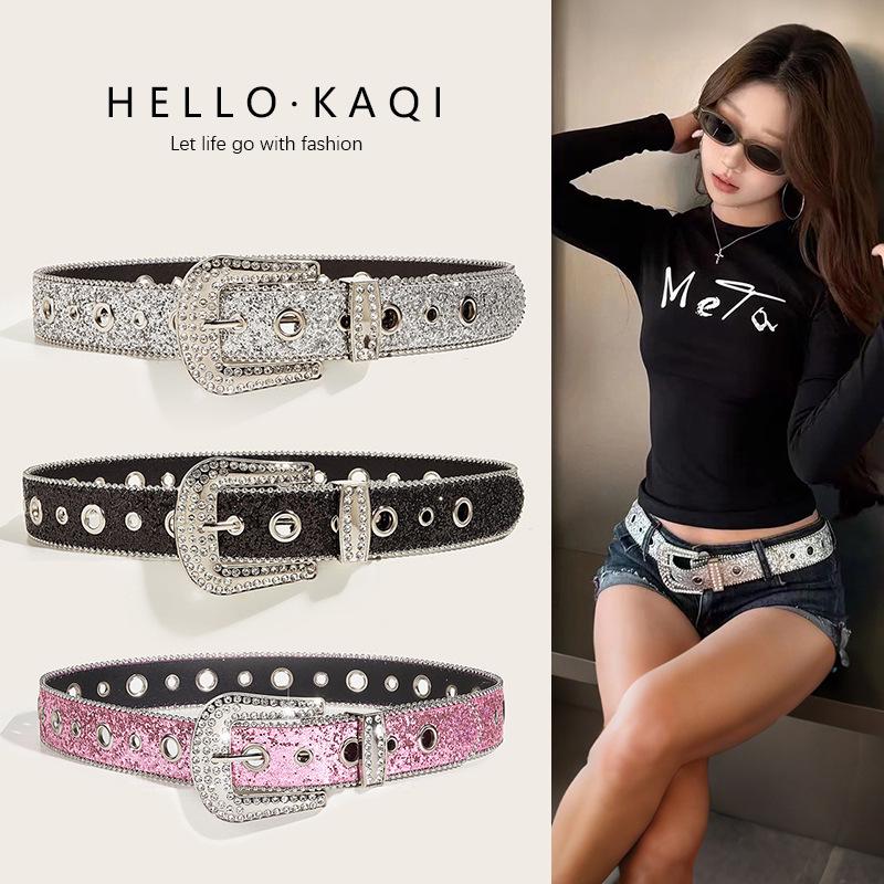 Y2K Punk Stil Damen Ledergürtel mit Pailletten und Strasssteinen - Trendiges Jeans-Accessoire