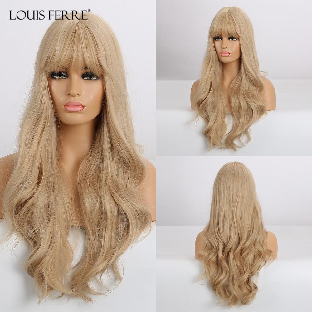 LOUIS FERRE Long Platinum Wave Synthetic Wig for White Women Ombre Light Blonde Wigs With Bangs Daily Cosplay High Temperature