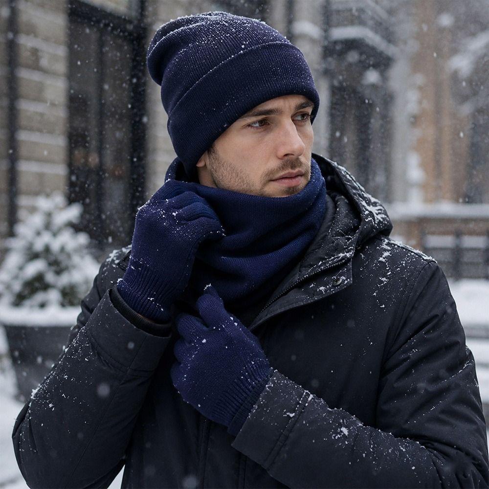 3Pcs/Set Windproof Knit Beanie Snood Set Thicken Scarf Neck Warmer for Men Women
