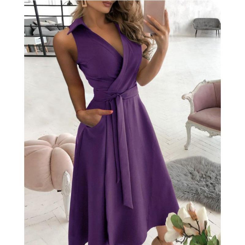 JKASHDK Women's Fashion Summer Spring Solid Color Print Sleevelesse POLO Neck High Waist Casual Dresses