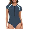 Women Short Sleeve Swimsuit Front Zip Athletic Bathing Suit Trim Guard Swimwear for Pool Beach Sports