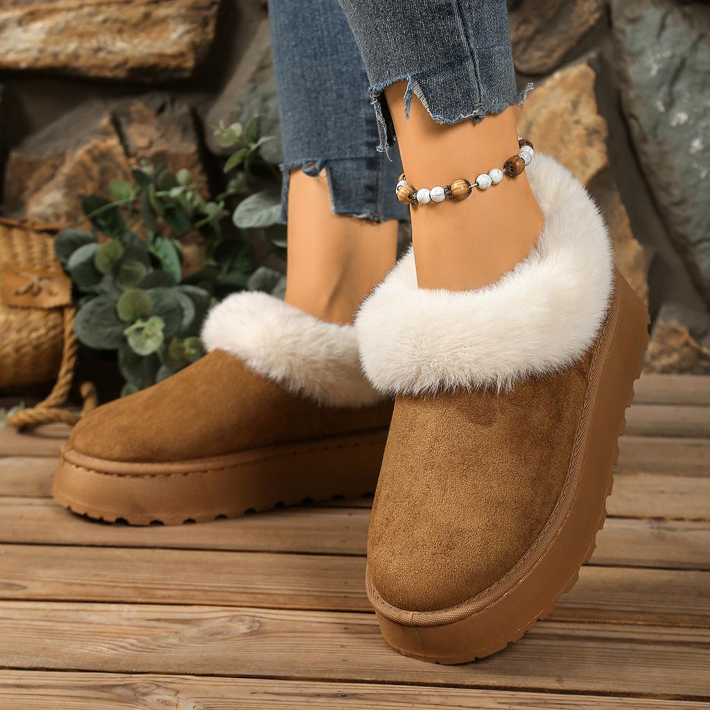 Women's Wide Width Faux Fur Snow Boots, Turn-Down Cuff Platform Booties, Slip-On Winter Ankle Boots for Women