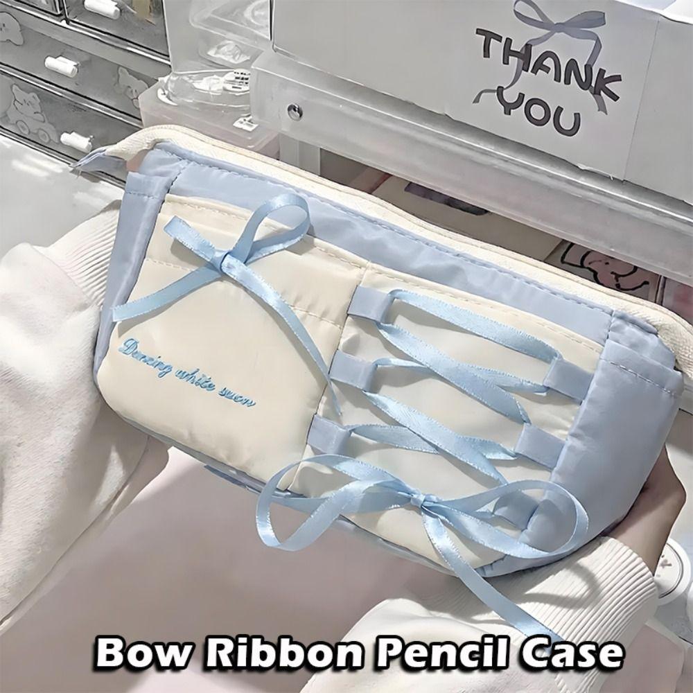 Multi-function Blue Ballet Style Pen Bag Bow Ribbon Large Capacity Pencil Case Stationery Organizer Student