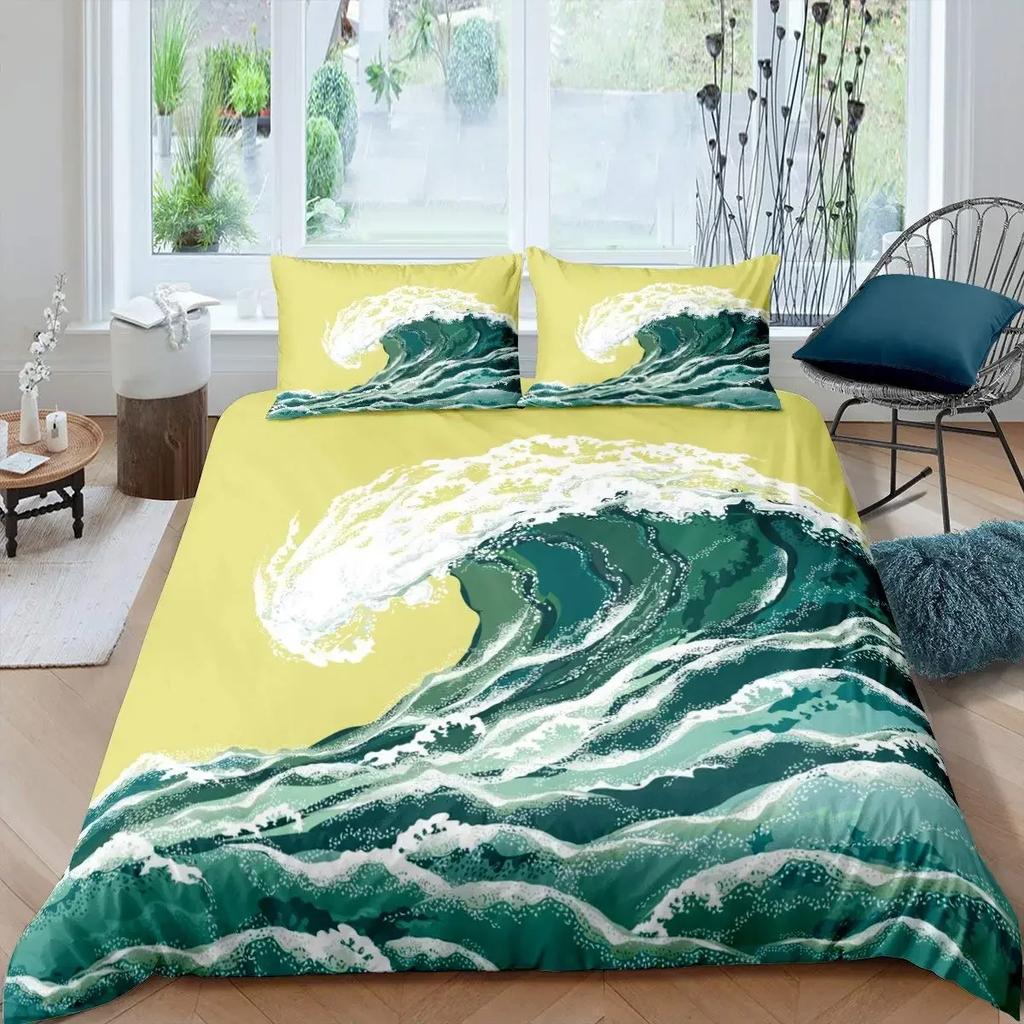 Japanese Wave King Quen Soft Duvet Cover Blue Sea Beding Set Maple Leaf Mon Comfortable Quilt Cover Hokusai Ukiyo-e Polyester Warm Comforter Cover