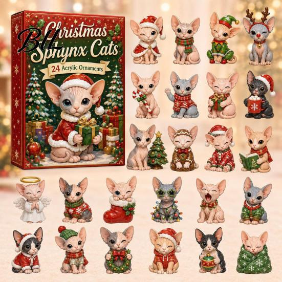 24 Day Christmas Countdown Cat Advent Calendar, with Cute Ornaments, Calendar 2D Acrylic Kitty Holiday Decorations, Gift for Kids, Party Favors Gifts