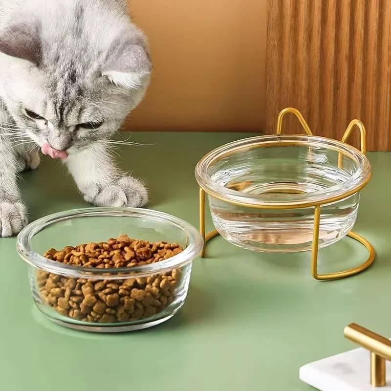§Glass Cat Dog Bowl Puppy Food Bowl With Iron Frame Gold Stand Raised Water Feeder Bowl Pet Supplies Accessories