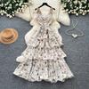 Summer Vacation Floral Printed Halter Chiffon Tiered Maxi Dress for Women Sexy V-Neck Backless Lace-up Ruffles Holiday Long Dress